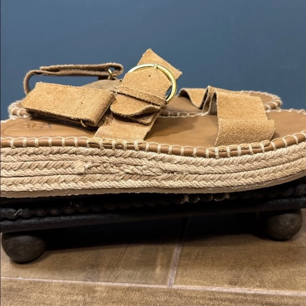 Zara Suede Leather Espadrille Sandals Tan Ankle Strap Flat Boho EU 36 US 6